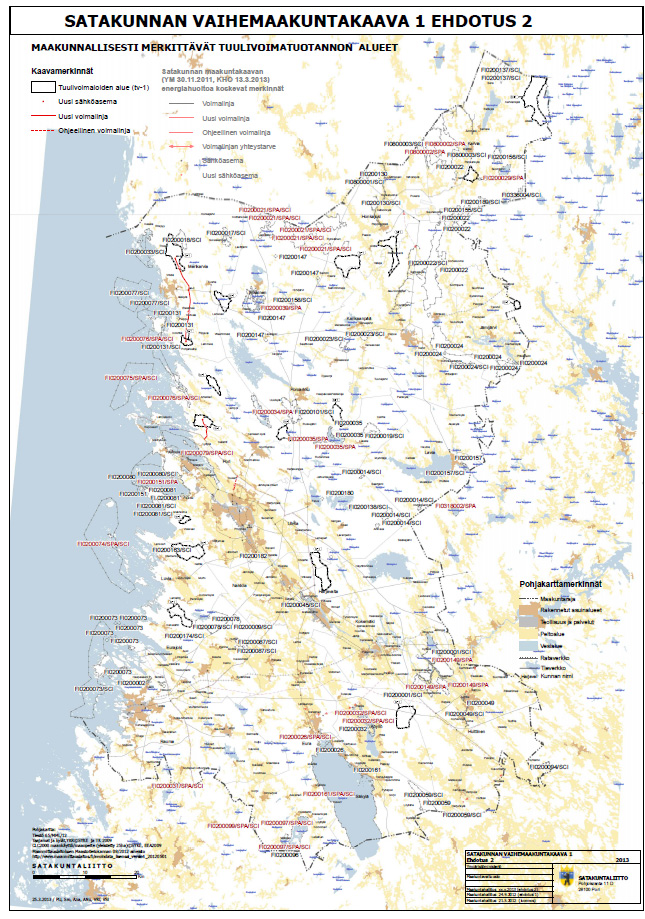 Kuva 1. Satakunnan vaihemaakuntakaavan 1 tuulivoimaloiden alueet (tv-1) suhteessa Natura 2000-alueisiin.