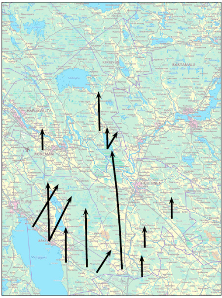 82 a) b) Kuva 10. Lintujen kevät- ja syysmuuttoreittien pääsuunnat Kaakkois-Satakunnassa (a = kevät, b = syksy) (Ahlman, S. & Luoma, S. 2013).