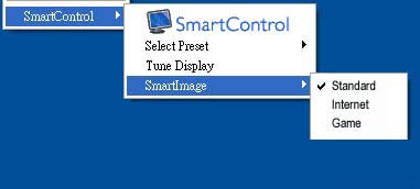 Tilannekohtaisessa valikossa on neljä kohtaa: SmartControl Lite - Sisältää tietoja About (tuotteesta).