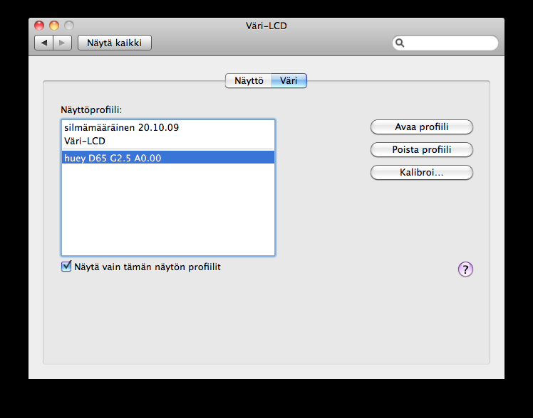 29 järjestelmäasetusten kautta (kuva 16). Alkuperäisen profiilin nimi on Väri-LCD, ja uuden juuri tehdyn profiilin nimi on huey 65D G2.5 A0.00.