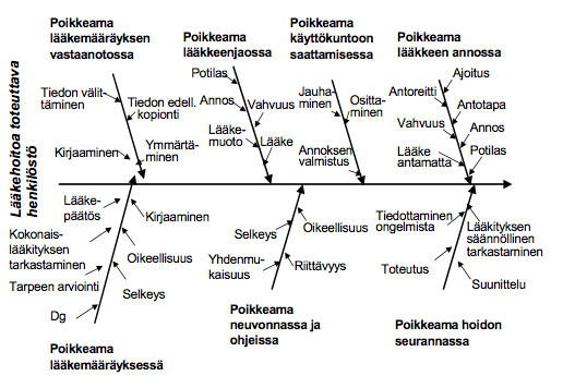 Kuva 1. Lääkehoidon riskikohdat lääkehoitoa toteuttavan henkilöstön näkökulmasta (STM 2005).