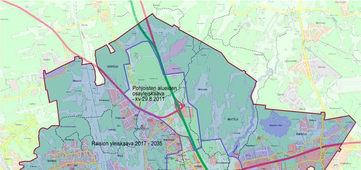 13 Raisiossa on vuonna 2004 hyväksytty (osittain saanut lainvoiman vasta 2007) Raision yleiskaava 2020, joka käsittää koko kaupungin alueen lukuun ottamatta aluetta, jolla on voimassa Nuorikkalan