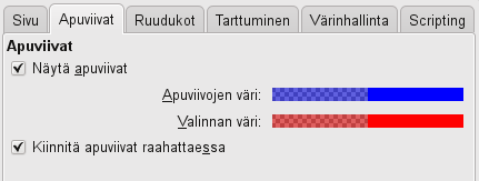 Tiedosto > Dokumentin ominaisuudet -valinnalla voit määrittää apuviivojen näkymisen oletusarvot, lisäksi myös apuviivan värin sekä tehostevärin, kun osoitin ylittää apuviivan.