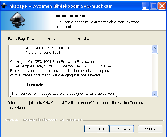 Seuraavaksi näet lisenssisopimuksen. Jos et suostu sen ehtoihin voit painaa Peruuta, mutta silloin et voi asentaa Inkscapea.