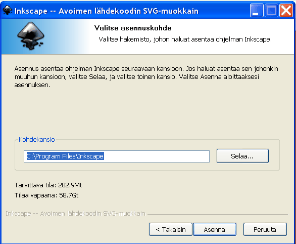Tämä ikkuna kertoo sinulle mihin Inkscape asennetaan.