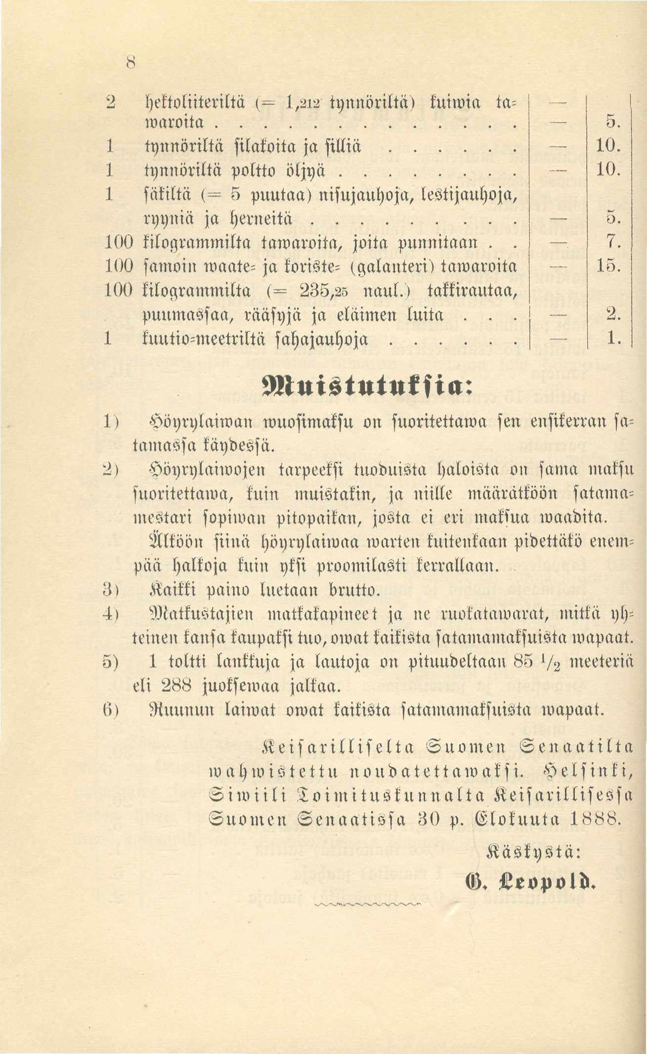 8 2 hektoliiteriltä (= 1,212 tynnöriltä) kuiwia ta= waroita 1 tynnöriltä silakoita ja silliä 1 tynnöriltä poltto öljyä 1 säkiltä (= 5 puutaa) nisujauhoja, lestijauhoja, ryyniä ja herneitä 100