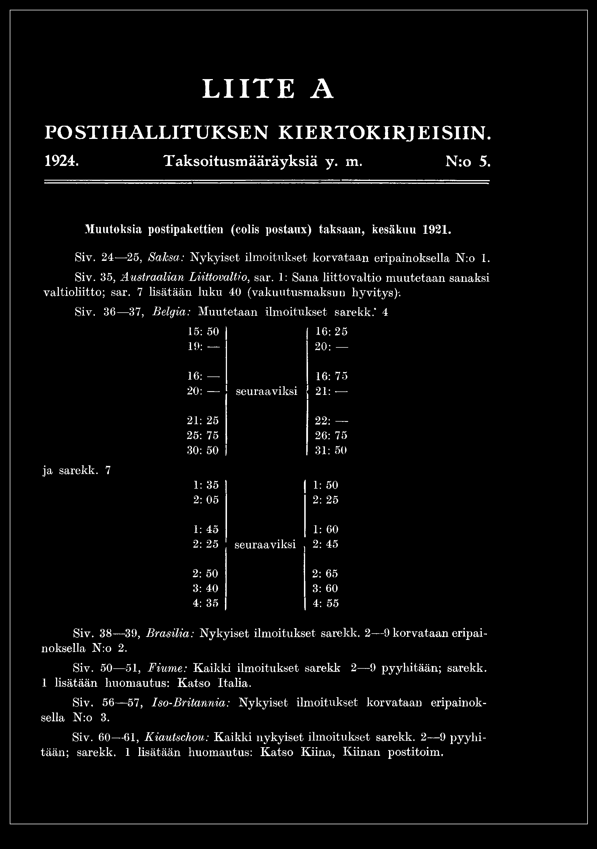 7 lisätään luku 40 (vakuutusmaksun hyvitys)-. Siv. 36 37, Belgia: Muutetaan ilmoitukset sarekk. 4 15: 50 16: 25 19: 20: 16: 16: 75 20: seuraaviksi 21: ja sarekk.