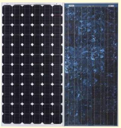 10 5 Aurinkosähköjärjestelmän pääkomponentit 5.1 Aurinkopaneelit Yleisimmät aurinkopaneelit ovat yksi- tai monikide piikennoisia. Kuvassa 5 näkyy yksija monikiteisen aurinkopaneelin näkyvä ero.