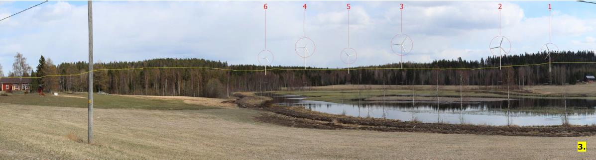 Etäisyydestä johtuen voimalat eivät kuitenkaan enää erityisemmin dominoi maisemassa, vaan asettuvat enemmänkin taka-alalle. Lähes kokonaan näkyvä voimala 3 on häiritsevin.