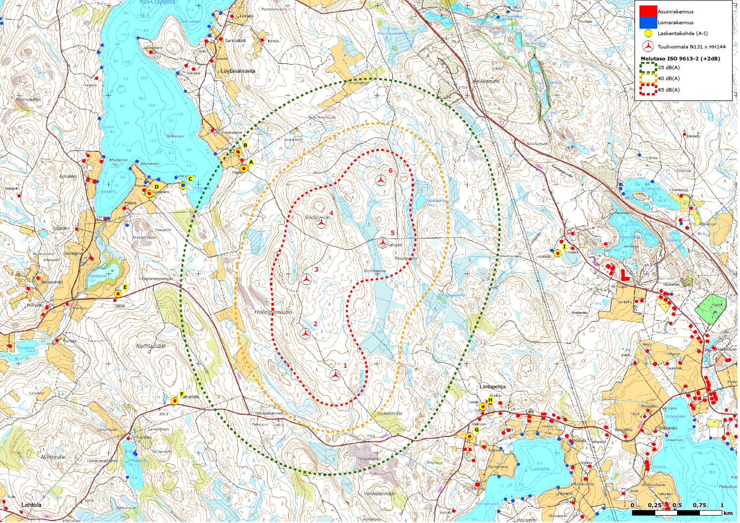 FCG SUUNNITTELU JA TEKNIIKKA OY Kaavaselostus 49 (60) Kuva 17 Laskennalliset melutasot N131 x 6 x HH144 standardin ISO 9613-2 mukaisesti, kaikkiin voimaloihin on lisätty äänitehotasoon + 2dB sekä