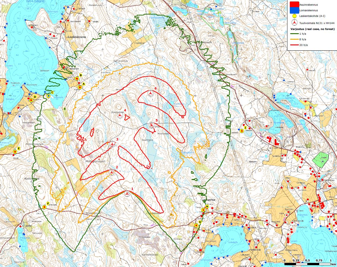 FCG SUUNNITTELU JA TEKNIIKKA OY Kaavaselostus 52 (60) Kuva 18. Varjostusmallinnus sekä laskentapisteet A-I, ei puuston vaikutusta mukana.