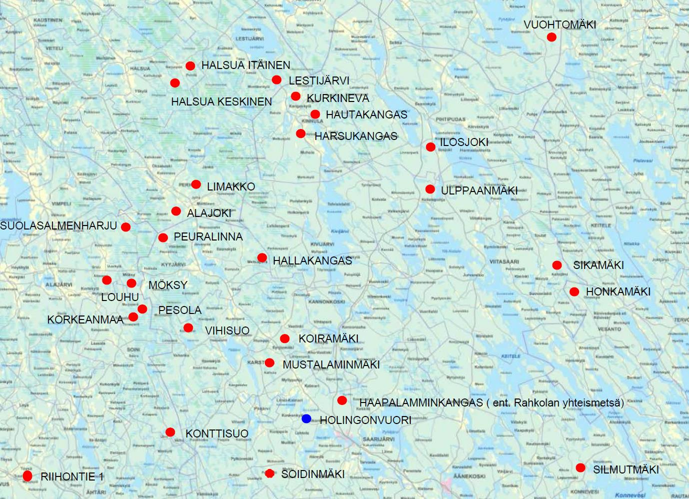 FCG SUUNNITTELU JA TEKNIIKKA OY Kaavaselostus 58 (60) Kuva 20. Holingonvuoren hankealueen sijainti suhteessa lähialueen hankkeisiin (tilanne 2.3.2015) 11.