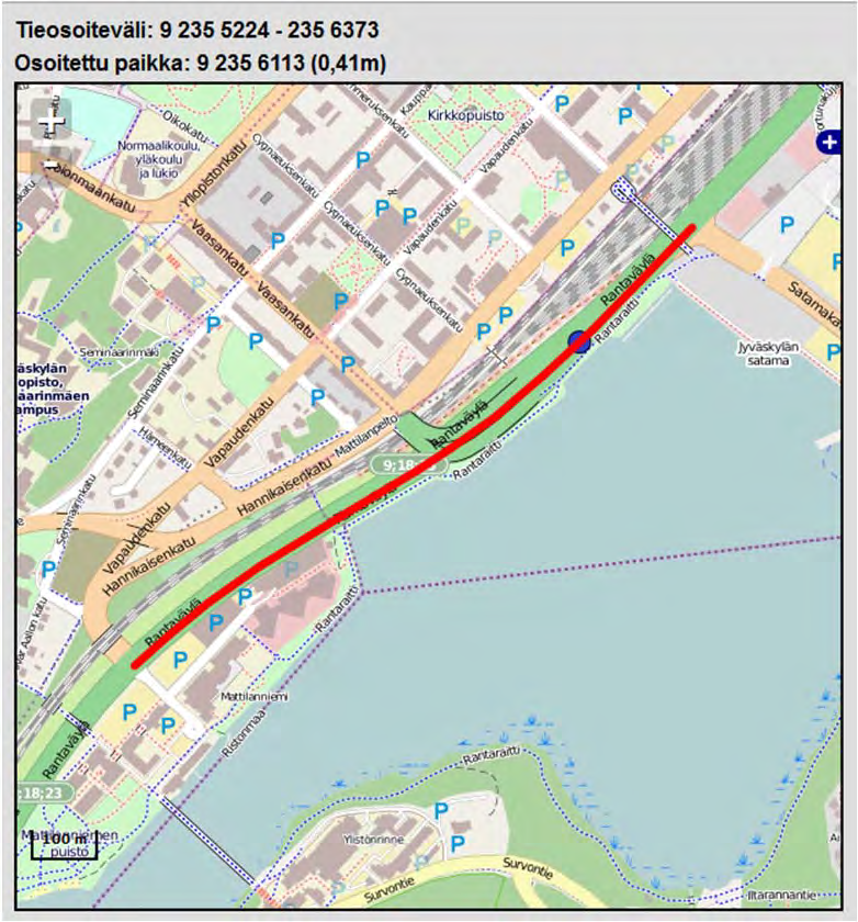 Jyväskylän raskaan liikenteen tutkimus 12 (24) 13.12.2013 Kuva 8. Rantaväylän uudelleen homogenisointi tulisi tehdä siten, että väli 5224-6113 on omana välinä ja väli 6113-7668 omana.