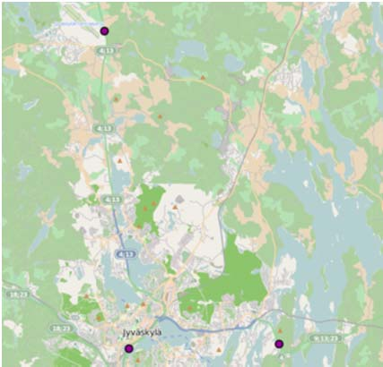 risteyksen pohjoispuoli (vt 4) - Vt 18 liittymän pohjoispuoli (vt 9) - Kanavuoren kohta ennen vt 4 ja vt 9 haarautumista Tikkakoski edestakainen liikenne läpiajoliikenne vt 9