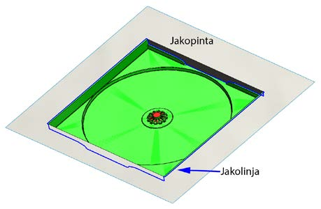 Kuva 2. Vasemmalla: Tasomaiseksi muotoiltu jakopinta. Oikealla: Suoraan jakolinjan muodon mukaan tehty jakopinta. jakolinja on merkitty sinisellä molempiin kuviin.