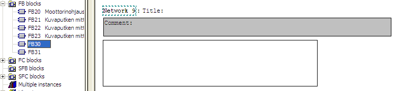 Toimilohkon toteuttaminen, Siemens S7, esimerkki 1 Talletetaan toimilohko ja avataan OB1 sekä valitaan sieltä virtapiiri, johon toimilohko sijoitetaan.