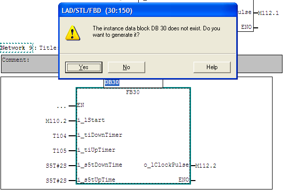 Toimilohkon toteuttaminen, Siemens S7, esimerkki 1 Kun painat enteriä,