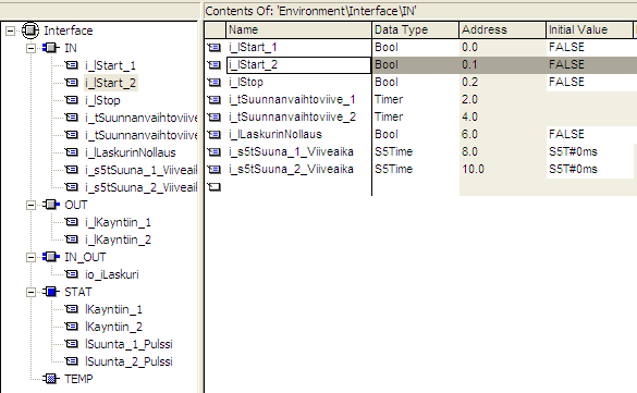 Toimilohkon toteuttaminen, Siemens S7, esimerkki 2 Ensimmäiseksi Interface osion IN