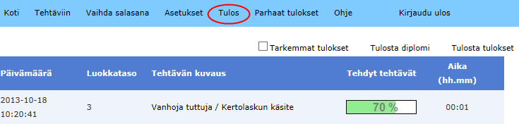 15 Kirjaudu ulos 12 Valinnalla Kirjaudu ulos palaat ohjelman kirjautumissivulle. 16 Tulos Voit tarkastella suoritustietojasi ohjelman ylävalikon Tulos valinnalla.