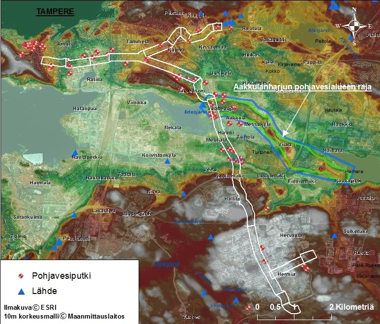 Kuva 2. Suunniteltavan raitiotielinjan läheisyydessä sijaitsevat lähteet 1, sijaitsevat tai sijainneet pohjaveden havaintoputket, sekä Aakkulanharjun pohjavesialue.