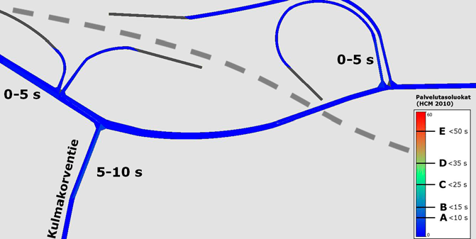 15-40 m 25-40 m 50-60 m Kuva 15-2. Ennustevuoden 2050 toimivuustarkasteluiden hetkittäiset maksimijononpituudet, metriä (keltainen). 0-5 s 0-5 s 5-10 s Kuva 15-3.