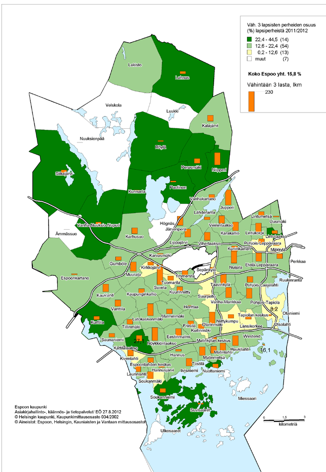 Kuva 2. Vähintään 3 lapsisten perheiden osuus lapsiperheistä vuodenvaihteessa 2011/12. (Karttaan merkitty Espoon tilastolliset pienalueet ja väh.