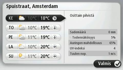 Sää Tietoja säästä Huomautus: käytettävissä ainoastaan LIVE-laitteissa TomTom Sää -palvelu tarjoaa kaupunkien yksityiskohtaiset säätiedotukset ja 5 päivän sääennusteet.