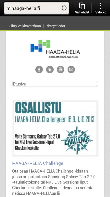 Kuvio 5 Esimerkki mobiilioptimoidusta sivusta (m.haaga-helia.fi) Kuva otettu HTC One S:llä.