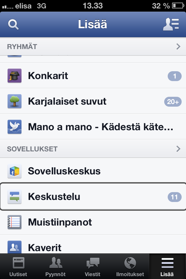 velluksessa kirjoittaminen oli jälleen hankalaa ja hidasta puheentunnistuksen puuttumisen takia. Kuvio 11 Facebookin iphone-sovellus, kun VoiceOver on päällä. Keskustelu valittuna aktiiviseksi.