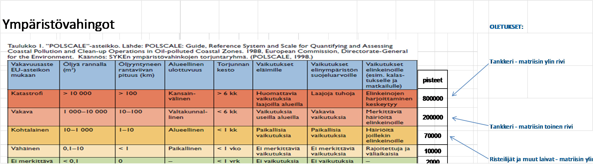 4. Ympäristöriskien/vahinkojen huomioiminen Matriisia käytettäessä se antaa oletusarvoja ympäristöriskille perustuen alustyyppiin. Arvoja voi myös syöttää suoraan oheisen taulukon tuella.
