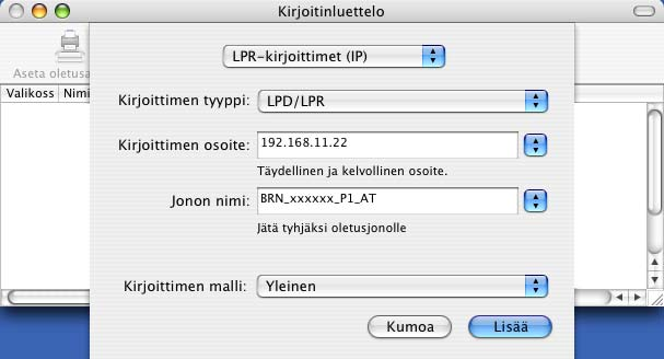 Verkkotulostus Macintosh -käyttöjärjestelmässä g (Mac OS X 10.2.4 to 10.3.x) Anna kirjoittimen IP-osoite Kirjoittimen osoite -ruutuun.