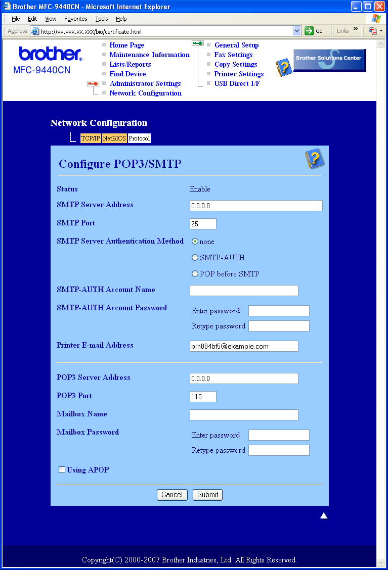 Suojaustoiminnot f POP3/SMTP-asetukset voidaan määrittää tällä sivulla. SMTP-porttinumero voidaan muuttaa myös WWW-pohjaisella hallinnalla.