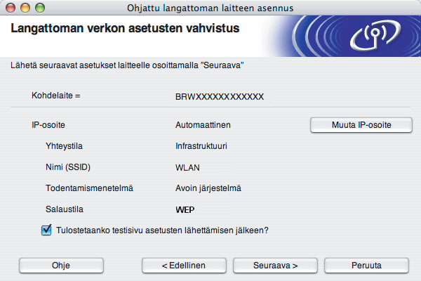 Langattoman verkon asetukset (Macintosh ) p Jos verkossa käytetään todentamista ja salausta, näyttöön tulee seuraava ilmoitus.