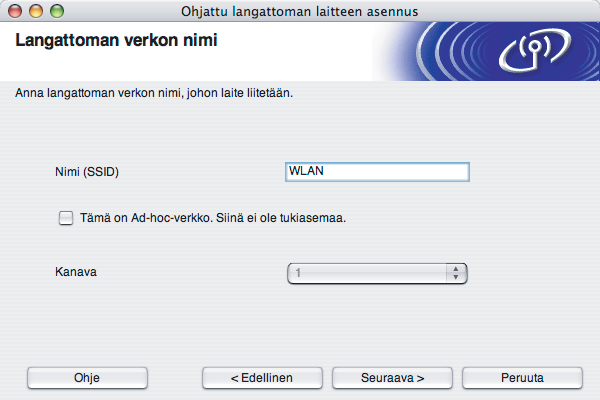 Langattoman verkon asetukset (Macintosh ) Jos haluamasi ad-hoc-verkko ei lähetä SSID-nimeä eikä näy luettelossa, voit lisätä sen manuaalisesti osoittamalla Lisää-painiketta.