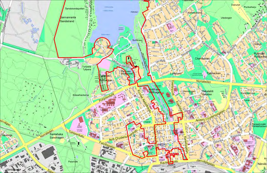 LUONNOS JA KUVAEHDOTUKSET 12 (52) KUVA 6.5: Kokkolan kansallisen kaupunkipuiston tarkastelualueen tarkempi rajaus kaupunkirakenteen sisällä.