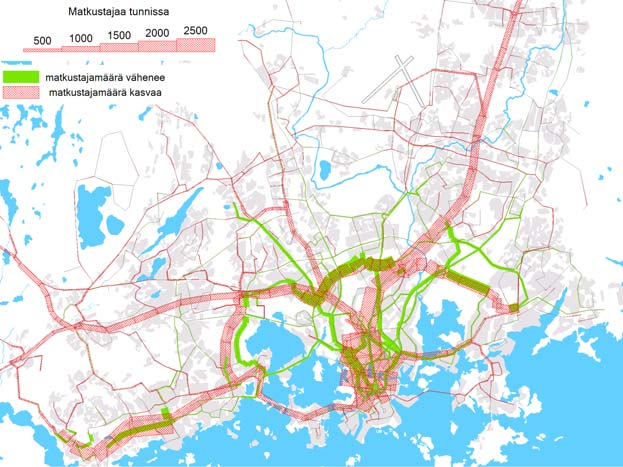 37 Viereisissä kuvissa on esitetty vuoden 2030 joukkoliikenteen matkustajamääräarvio (kuva 33) ja matkustajamäärien muutos vuodesta 2020 vuoteen 2030 (kuva 34).