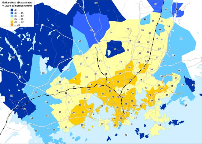 39 Kuvissa 38-40 on esitetty liikenne-ennustemallin mukainen keskimääräinen joukkoliikenteen matka-aika aamuruuhkatunnissa vuonna 2005, 2020 ja 2030. Matka-ajassa on mukana myös odotusajat.