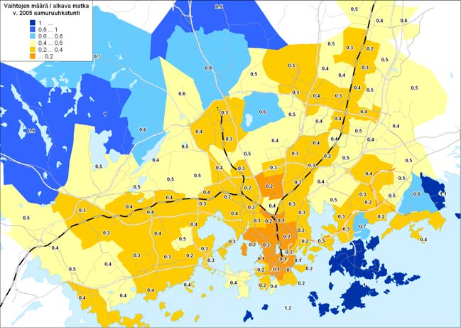 40 Kuvissa 43-45 on esitetty keskimääräinen vaihtojen määrä joukkoliikennematkalla vuosina 2005, 2020 ja 2030.