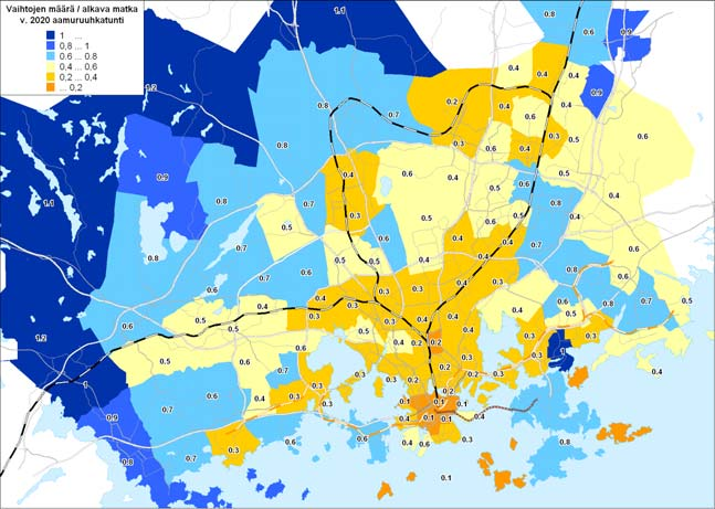 Lisäksi maankäytön muutosten myötä matkojen suuntautuminen muuttuu, ja Helsingin kantakaupungin suhteellinen merkitys matkojen määränpäänä pienenee.