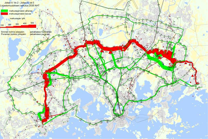 50 800 matk/suunta/h 350 matk/suunta/h Kuva 55 Jokeri II -linjojen vaikutukset matkustajamääriin ja palvelutasoon. Kuva 56 Jokeri II -linjojen matkustajamäärät vuoden 2030 aamuruuhkatunnissa.