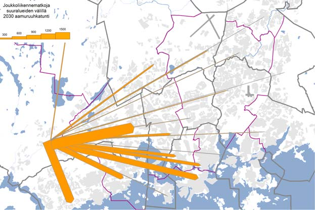 54 Kuva 68 Leppävaaran suuralueelta alkavat jkl-matkat 2030.