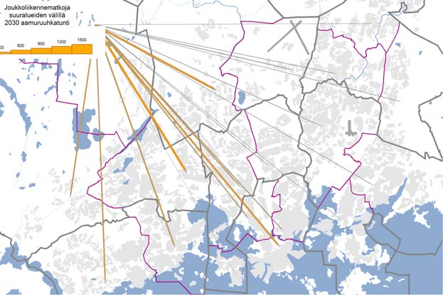 Kuva 69 Vanha-Espoon suuralueelta alkavat jkl-matkat 2030.
