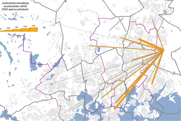 55 Kuva 72 Keski-Vantaan suuralueelta alkavat jkl-matkat 2030.