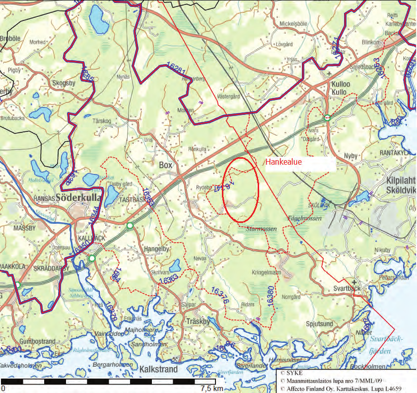 BOXIN ALUE, SIPOO 27 Kuva 7. Boxin ympäristön valuma-alueet (sini-punainen viiva) ja alueen vesistöt (Ympäristöhallinto 2010). Bild 7.