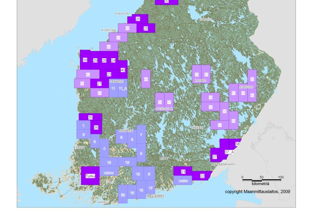 laserkeilannut uutta korkeusmallia varten Etelä-Suomen kaupunkikeskukset ja suurimpia jokialueita, Pohjanmaan tulvaherkkää