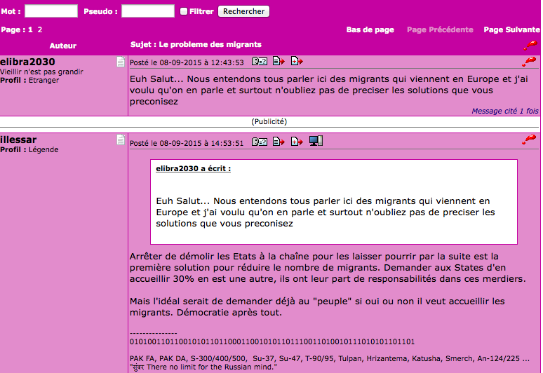 électronique au message en question. Les messages sont ainsi en ordre par date tout au long et sur toutes les pages. Les scripteurs utilisent assez systématiquement des citations. Capture d écran 2.