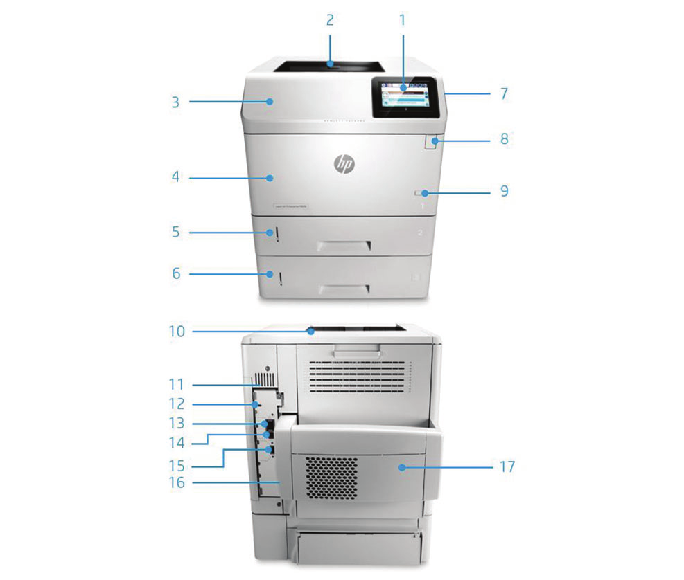 Tuotteen esittely Kuvan HP LaserJet Enterprise M606x -laitteessa on: 1. Intuitiivinen 10,9 cm:n (4,3 tuuman) kosketusvärinäyttö kallistuu ylöspäin katselun helpottamiseksi 2.