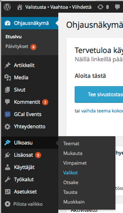 Sivu laittaminen valikoihin.