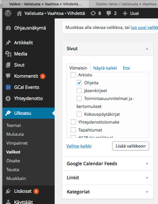 sivu ja lisätään valikkoon.