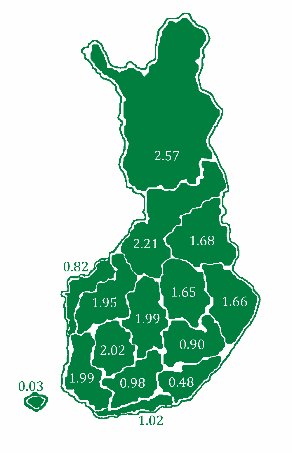 Suurimman kestävän kertymän 2011-2020 ja vuosina 2011-2013 toteutuneiden ainespuuhakkuiden ero milj. m³/v 2011-2013 toteutunut hakkuukertymä vs. SK vuosille 2011-2040 milj.